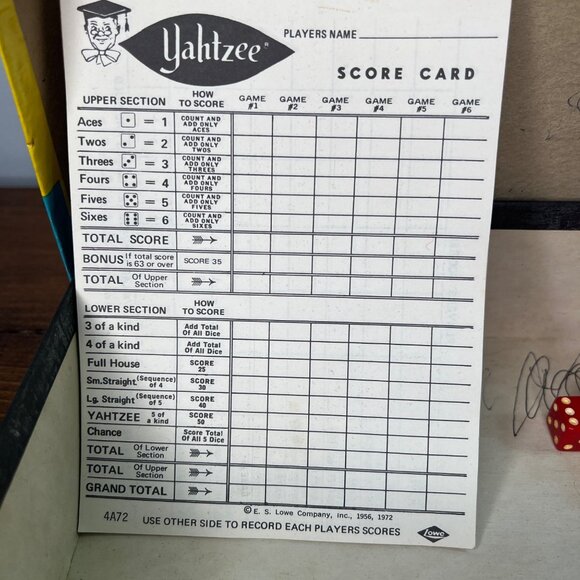 Vintage 1972 E. S. Lowe Yahtzee Board Game of Skill & Chance - Picture 4 of 12